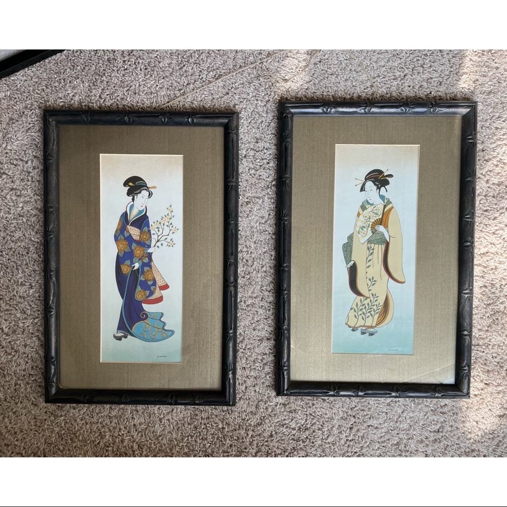 Pair of Framed Geisha Wall Art Prints in Black Frames